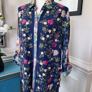 John Mark Vibrant Floral Button Down Roll Tab Sleeve Top Size M